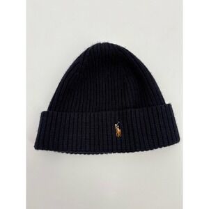 Polo Ralph Lauren Navy Blue Wool Blend Ribbed Cuff Knit Beanie Hat RL Color Pony